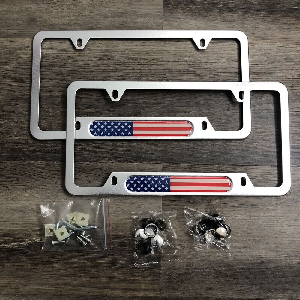 New 2 Pc License Plate Frame Patriotic American Flag Silver Screw Caps Accessory